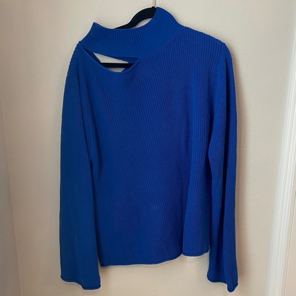 RtA Langley Lagoon Blue Cutout Cotton Turtleneck Sweater Asymmetrical Knit Top - Picture 2 of 6